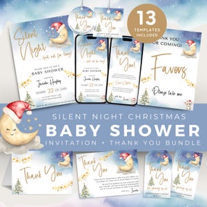 Silent Night Baby Shower Invite and Thank You Bundle, Funny Christmas Carol Invitation Set, Favor Tag and Sign. Editable, Printable | CH18
