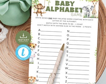 Baby Alphabet Shower Game, Safari Baby Item ABC Quiz, Jungle Animal A-Z Activity, A Little Wild One Theme. Editable, Printable | SF02