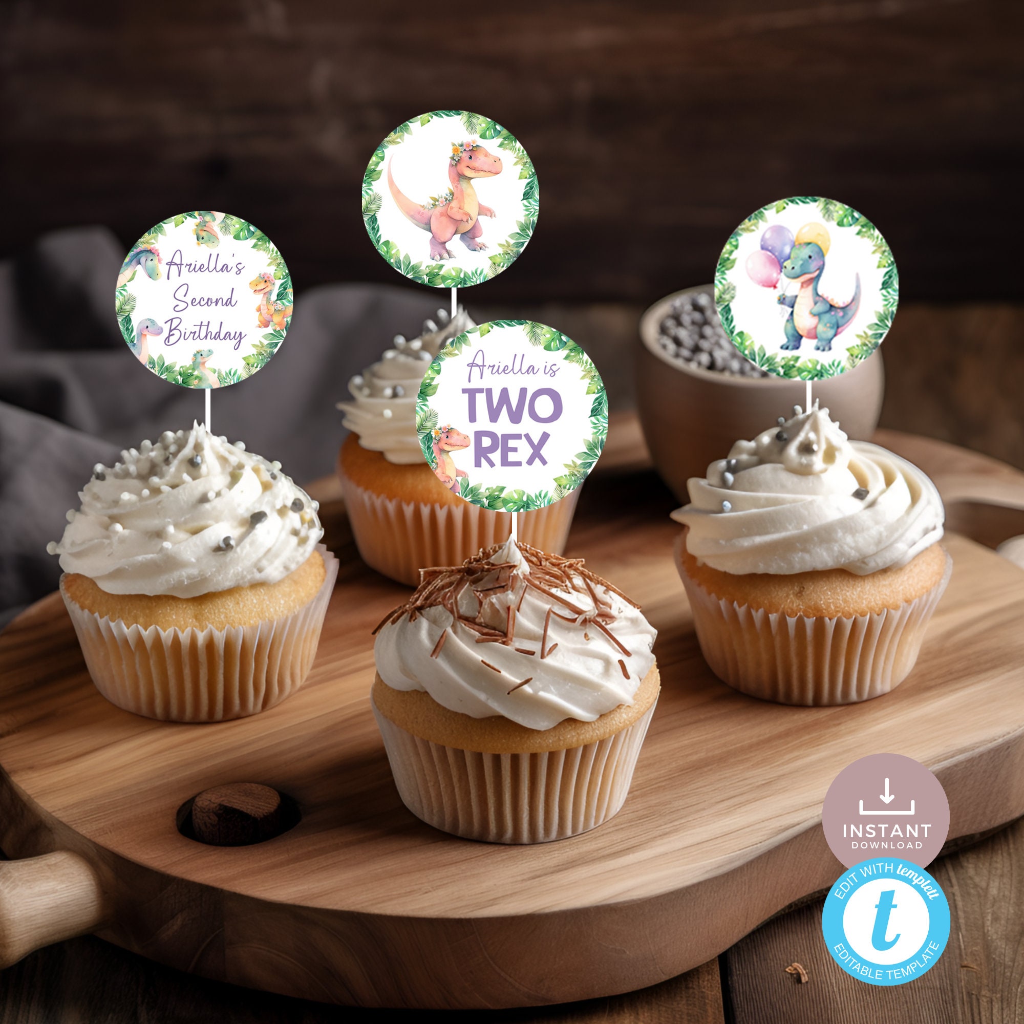 Two Rex Dinosaur Cupcake Toppers Printable Birthday Decorations Girl ...
