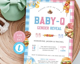 Babyque Gender Reveal Invitation, Baby Q He or She Invite, Backyard BBQ Baby Shower with Blue and Pink Gingham. Editable, Printable | GR05