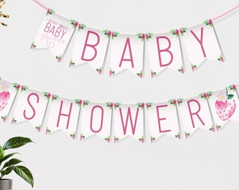 Aardbei babyshowergors, zoete banner bessen, decor fruitthema, roze babymeisje decoraties, vlaggenslinger. Bewerkbaar, afdrukbaar | ST02