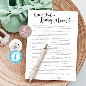 May include: A printable baby movie trivia game with a pink and green baby shoe on a wooden surface. The game has 11 questions with blanks to fill in the titles of baby-themed movies. The answer key is included.