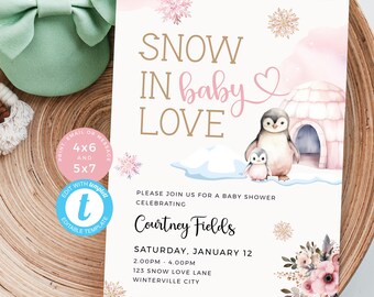 May include: Pink and gold baby shower invitation with a penguin family in a snow scene. The text reads "Snow in baby love" and includes the date and time of the event. RSVP to Monica by January 3rd.