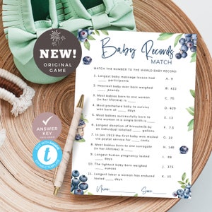 Blueberry Baby Records Match Game, Berry Sweet Baby Shower Trivia, World Records Quiz, Rustic Fruit in Navy Blue. Editable, Printable | BL02
