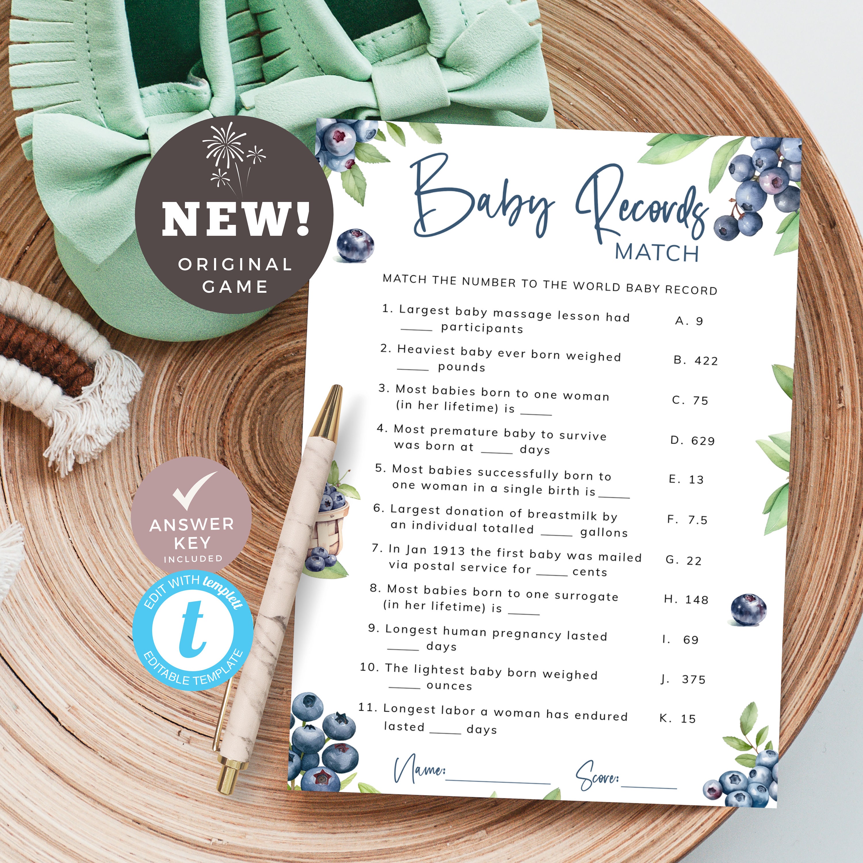 Blueberry Baby Records Match Game, Berry Sweet Baby Shower Trivia ...