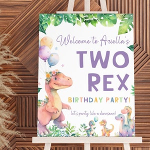 Two Rex Welcome Sign Template, Girl Dinosaur Pastel T-Rex with balloons and flowers for 2nd Birthday Party. Editable, Printable | DN02