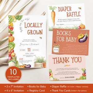 Lot d'invitations pour baby shower Farmers Market, ensemble d'invitations sur le thème d'un bébé cultivé localement, cartes de jardin potager lumineuses. Imprimable, modifiable | LG01