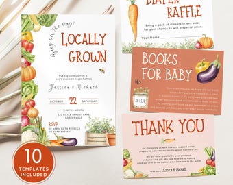 Farmers Market Baby Shower Invitation Bundle, Locally Grown Baby Theme Invite Set, Bright Vegetable Garden Cards. Printable, Editable | LG01
