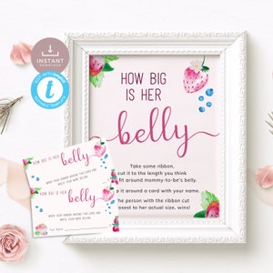 Adivinhe o tamanho da barriga, jogo de chá de bebê de morango, Berry Sweet, qual o tamanho da barriga dela? Conjunto de placas e cartões. Modelo editável, para impressão | ST02