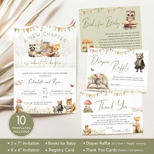 May include: A set of 10 printable baby shower templates featuring a woodland theme with animals reading books. The templates include a 5x7 inch invitation, a 4x6 inch invitation, a books for baby card, a registry card, a diaper raffle card, and thank you cards. The text on the invitation reads "A new chapter is about to begin..." and includes the names Charlotte and Ryan.