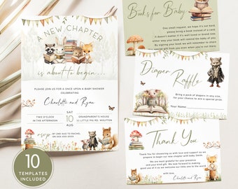 Storybook Baby Shower Invitation Set, A New Chapter Begins Invite Bundle, Woodland Animals with books in forest. Editable, Printable | SB01