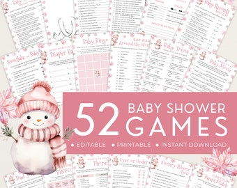 Peut inclure: Ensemble de 52 jeux pour une baby shower sur le thème de l'hiver. Les jeux incluent des jeux de questions-réponses, des bingos et d'autres activités. Le design présente un bonhomme de neige et des accents floraux roses.