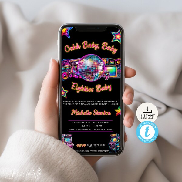 80s Baby Shower Evite Electronic Invitation with all the neon, fun, bright colors of the eighties. Send via email, text, whatsapp | RET01