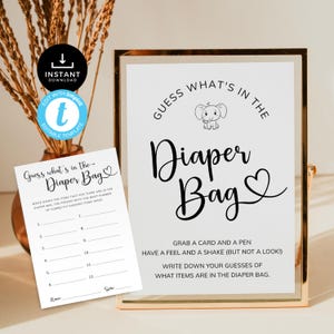 Juego de qué hay en la bolsa de pañales, juego moderno para baby shower, adivina los artículos para el bebé, letrero y tarjeta, actividad sencilla, editable, imprimible / MN01
