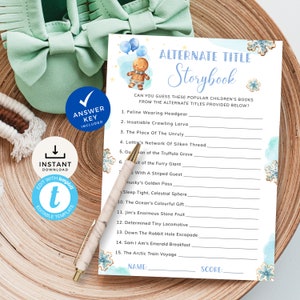 May include: A blue and white printable game card with snowflakes and a gingerbread man illustration. The game is called "Alternate Title Storybook" and asks players to guess the titles of popular children's books from alternate titles listed on the card.