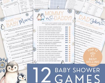 Puede incluir: Doce juegos imprimibles para baby shower con pingüinos en azul y melocotón. Los juegos incluyen "Adivina la canción de bebé", "Adivina la película de bebé", "Mamá o Papá", "Chiste de papá", "Baby Bingo", "Adivina el libro de cuentos" y "Di Bebé".