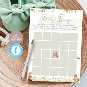 Verhalenboek babybingo, een nieuw hoofdstuk begint babyshowergames, raad het geschenk, boekthema Woodland Creatures. Bewerkbaar, afdrukbaar | SB01