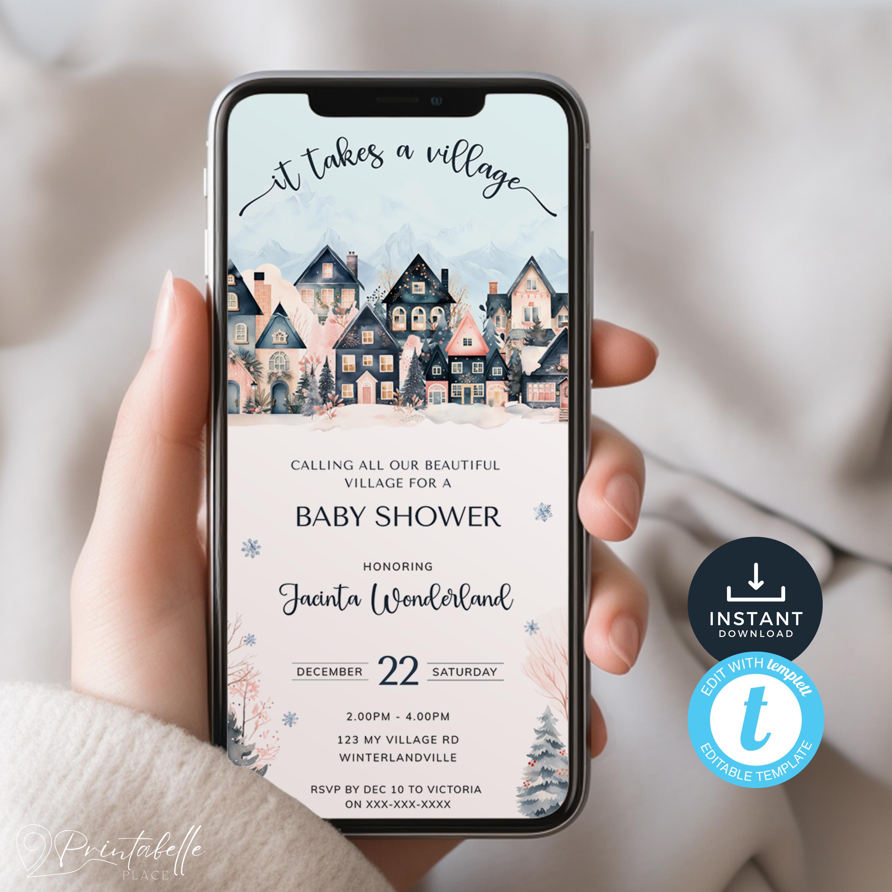 Scandi Einvite It Takes A Village Baby Shower Evite, Winter Theme Electronic Invite ...
