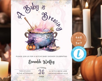 May include: A baby shower invitation with a witchy theme. The design features a cauldron with pink and purple smoke, a jack-o'-lantern, and a witch's hat. The text reads "A Baby is Brewing" and includes event details.