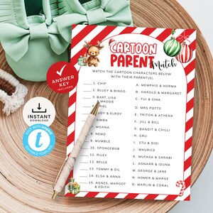 Juego de padres con dibujos animados de Merry Little, juego de baby shower navideño, cuestionario de combinación de mamá y papá con bastones de caramelo, clave de respuestas. Editable, imprimible / CH05B