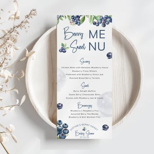 Blaubeer-Themen-Menü-Vorlage, Beeren-Süßes-Menü, Sommerfrucht-inspirierte Speise- und Trinkliste, rustikales Marineblau. Bearbeitbar, Druckbar | BL02