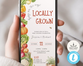 Farmers Market Baby Shower Electronic Invitation, Locally Grown Baby On The Way Evite with vegetables. Editable, Instant Download | LG01