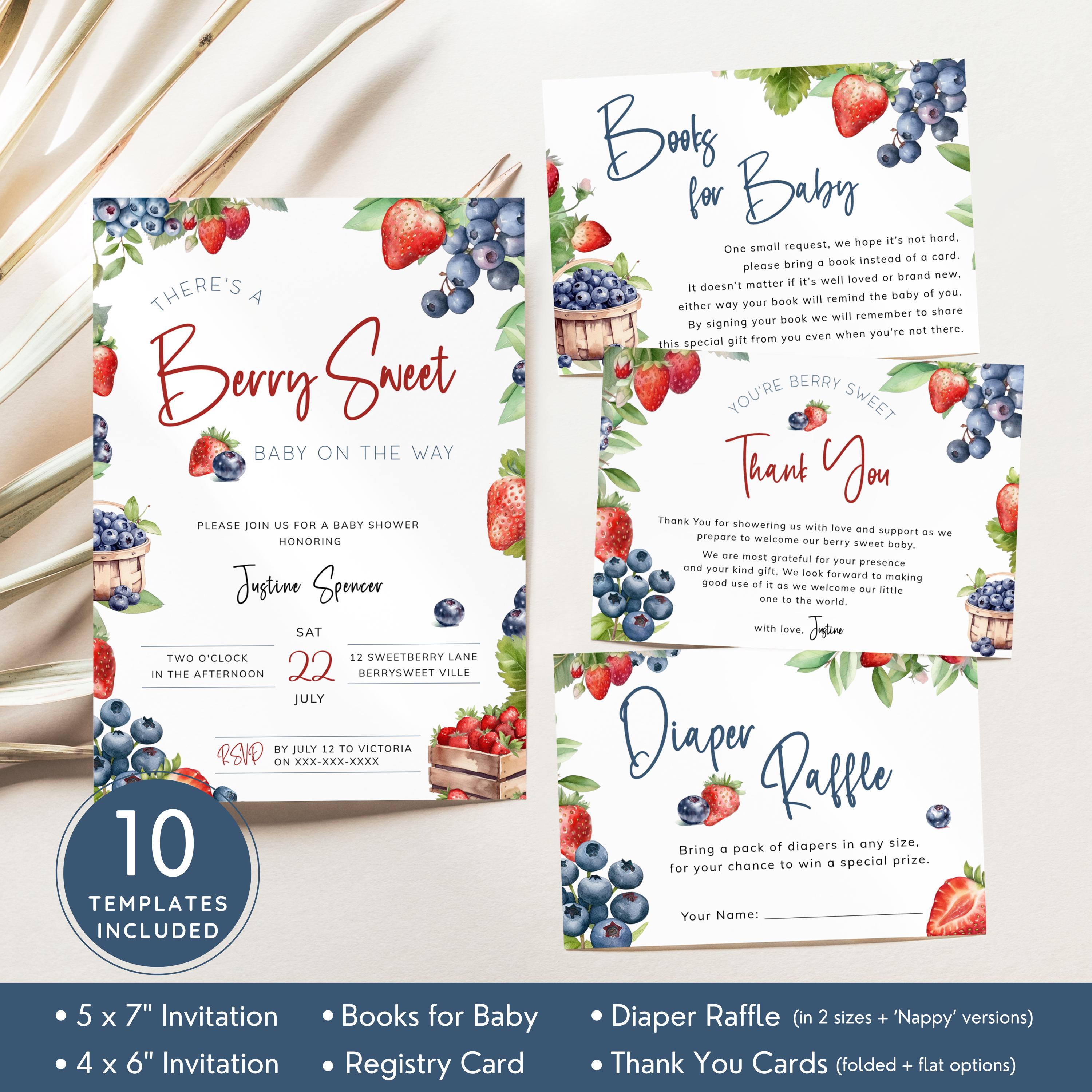 Blueberry and Strawberry Baby Shower Invitation Bundle, A Berry Sweet Baby  Is On The Way Invite Set, Fruit Theme. Editable, Printable | BL04, image size:3000x3000