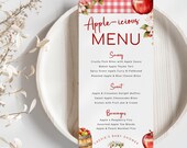 Apple Themed Menu Template, Apple Of Our Eye Baby Shower Brunch Menu, Fruit Theme with Red Gingham Food List. Editable, Printable | AP01