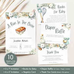 Peut inclure: Un ensemble de modèles de fête de baby shower imprimables avec un design floral vert et blanc. Les modèles comprennent une invitation, une carte de demande de livre, une carte de tirage au sort de couches et une carte de remerciement. L'invitation dit "A Bun In The Oven" et présente un pain dans un plat à pâtisserie. La carte de demande de livre dit "Books for Baby". La carte de tirage au sort de couches dit "Diaper Raffle". La carte de remerciement dit "Thank You".