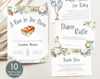 Bun In The Oven Baby Shower Invitation Bundle, Sage Green Flowers, Baking Utensils Invite Set, Cooking Theme. Editable, Printable | BN01