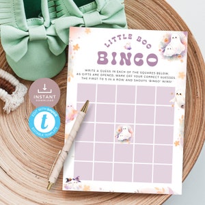 Bingo para bebés A Little Boo Is Almost Becoming, juego de baby shower de Halloween, actividad de adivinar el regalo de un fantasma, estilo retro pastel. Editable, imprimible / HW01