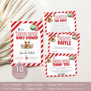 Lot d'invitations pour une fête prénatale joyeuse petite, lot de décorations de Noël, lot de cannes en bonbon à rayures rouges. Modifiable, imprimable | CH05B