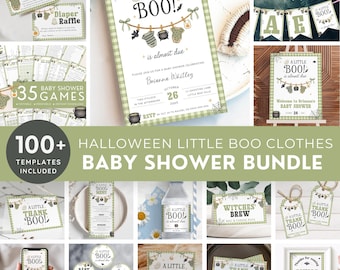 Little Boo Baby Shower Bundle, Halloween Baby Clothes Theme Pack, Green Clothesline, Plaid Gingham. Editable, Printable | HW18
