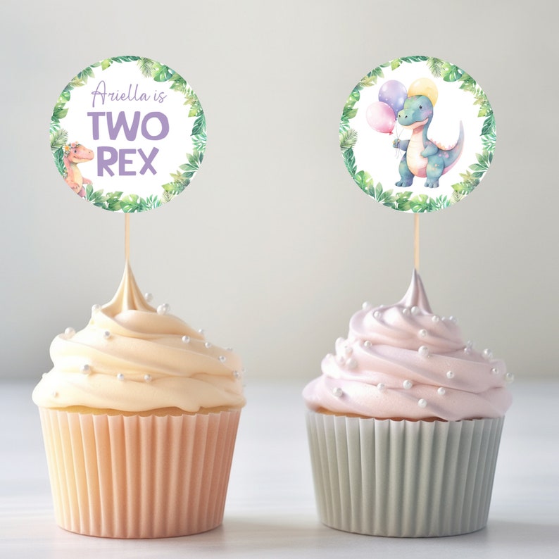 Two Rex Dinosaur Cupcake Toppers Printable Birthday Decorations Girl ...
