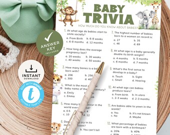 Safari Baby Shower Trivia Game with answers, Jungle Animal Theme, A Little Wild One Questions. Editable Template, Printable Download | SF02