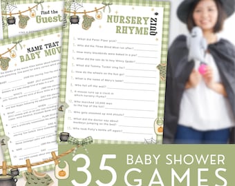 Halloween Baby Shower Games Pack: Baby Clothes Line Activity Bundle, Green Plaid Answer Key. Editable, Printable | HW18