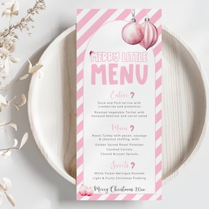 Różowy szablon menu świątecznego, lista potraw z ozdobami świątecznymi, dekoracja świąteczna w kształcie laski cukrowej, nakrycie stołu. Edytowalne, do wydrukowania | CH05C