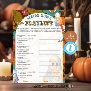 May include: A Halloween-themed game sheet with the title "UPSIDE DOWN PLAYLIST" in a retro font. The sheet features a list of song titles with altered meanings, a ghost illustration, and the text "INSTANT DOWNLOAD".