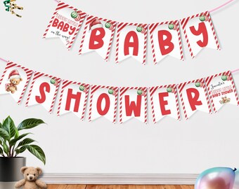A Merry Little Baby Shower Banner, Christmas Party Decor & Decorations, Ornament Bunting Flags, Candy Cane Xmas. Editable, Printable | CH05B