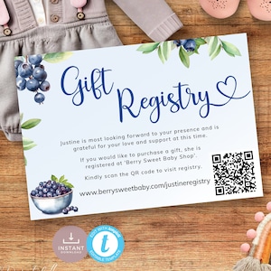 Carte-cadeau de baby shower aux myrtilles avec code QR, encart pour registre de petits fruits sucrés, sur le thème de jolis fruits d'été. Modifiable, imprimable | BL03
