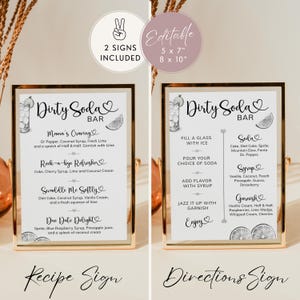 Pu&ograve; includere: Due cartelli con cornice dorata per un "Dirty Soda Bar" con ricette e istruzioni per le bevande. I cartelli includono il testo "2 Signs Included" e "Editable 5 x 7" 8 x 10". Il cartello delle ricette elenca nomi e ingredienti delle bevande.
