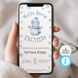 Baby Shower Evite Winter Snow Blue, Snowflake Electronic Invitation, We're Snow Excited For Boy, Digital Invite. Editable, Download | SN02