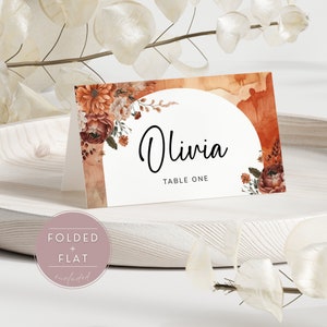 Cartões de Lugar de Outono Tenda, Cartões de Nome de Terracota, Peças de Mesa Floral Rust, Decoração e Enfeites de Outono. Editável, Imprimível | TC02 TC04