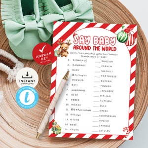 Jeu Merry Little Say Baby autour du monde, jeux de baby shower de Noël, quiz de correspondance linguistique sur les décorations de Noël. Modifiable, imprimable | CH05B