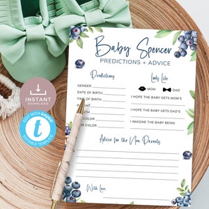 carte Prédictions et conseils aux parents pour bébé aux myrtilles, jeux et activité pour baby shower aux baies sucrées, thème fruits. Modifiable, imprimable | BL02