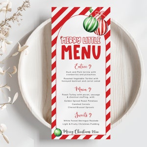 Modello di menu per la cena di Natale, tradizionale rosso e verde, elenco di cibi e bevande ornamentali, decorazioni natalizie con bastoncini di zucchero. Stampabile, modificabile / CH05B