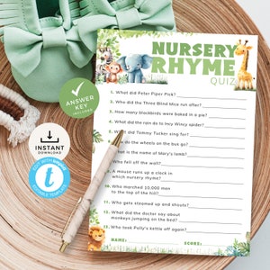 Quiz kinderrijm, safari babyshowerspel, kinderboekentrivia, jungledierenthema, antwoordsleutel jongen of meisje. Bewerkbaar, afdrukbaar | SF01