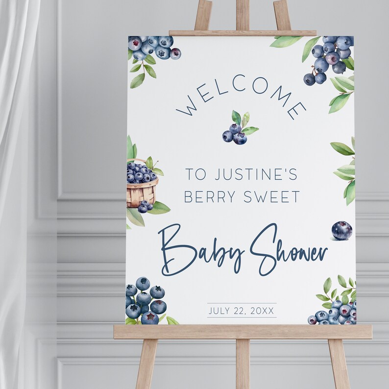 Blueberry Baby Shower Welcome Sign Template, Berry Sweet Poster, Fruit ...