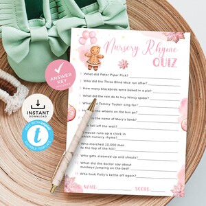 Gingerbread Baby Shower Nursery Rhyme Quiz, Pink Christmas Cookie Children's Tales Trivia, Answer Key Included. Editable, Printable | CH14