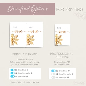 Image describes download options. When Printing at home it is recommended to download as a PDF with a bleed, trim marks and select save paper. For printing at a print store it is recommended to download as a PDF with a bleed.